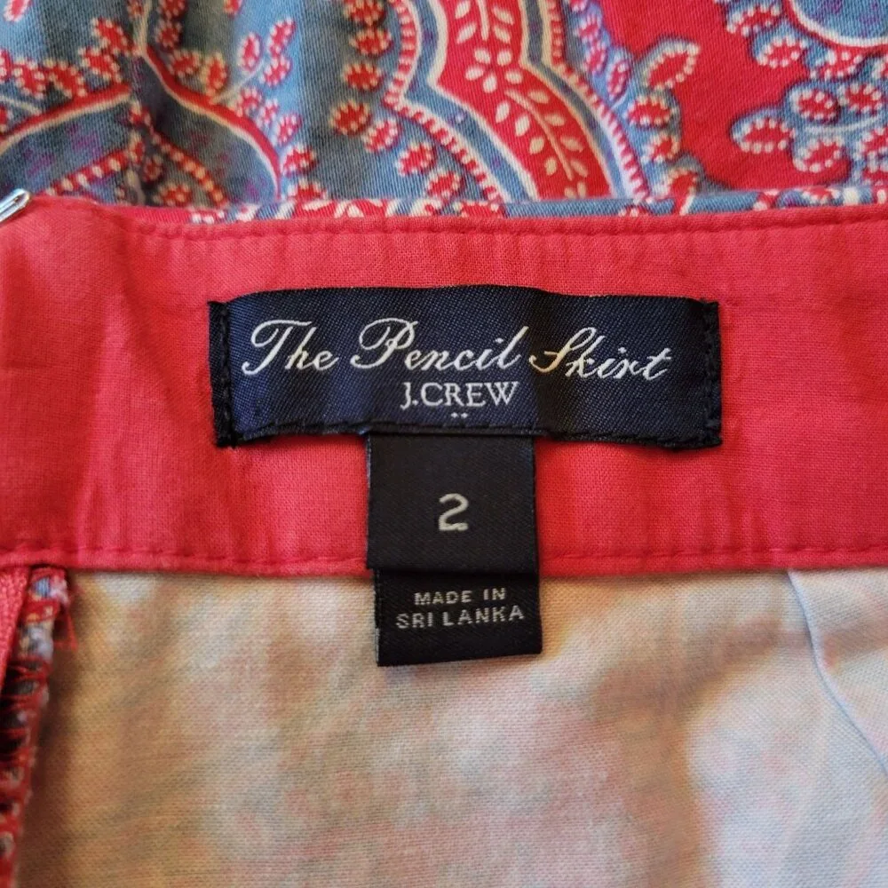 J Crew 2 Pencil‎ Skirt Career Office Professional Red Paisley Back Slit